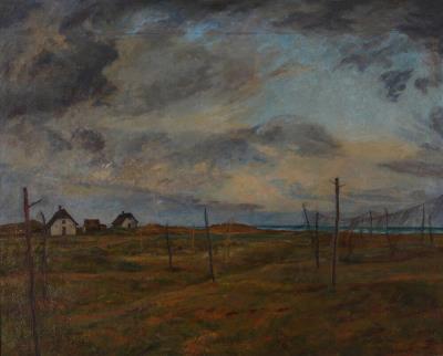 Landscape with fish nets and view to the coast