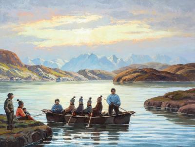 Greenlandic fjord landscape with a umiaq