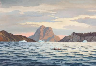 Greenlandic fiord with an Umiaq and a kayaker