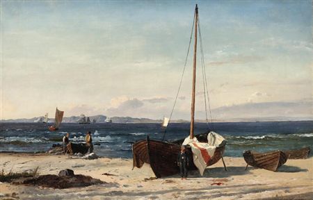 Carved boat on Hornbæk Strand with view to Kullen