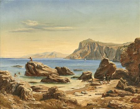 View from the coast of Capri with bathing boys