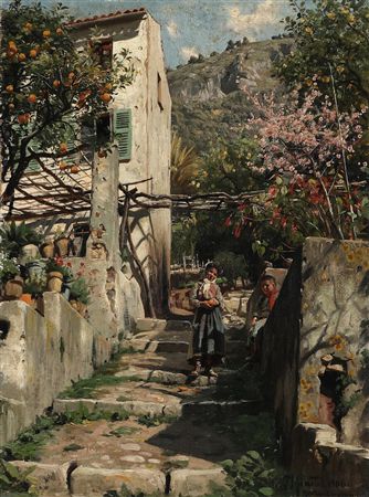 View from The South of France with a boy and mother peeling an orange in the sun