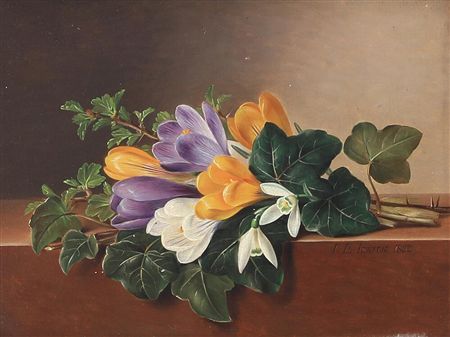 Still life with crocus flowers, snowdrops and ivy leaves