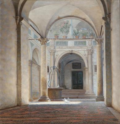 Interior from an Italian cloister garden with pigeons near a well