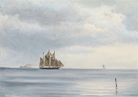 Marine with sailing ships and a steamer on a calm and slightly cloudy day