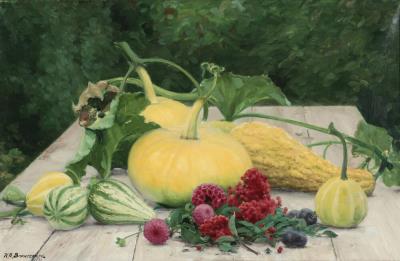 Still Life with a Pumpkin, Flowers and Berries on a Garden Table