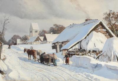 Winter Landscape with a Horse-Drawn Sleigh by a Farmhouse