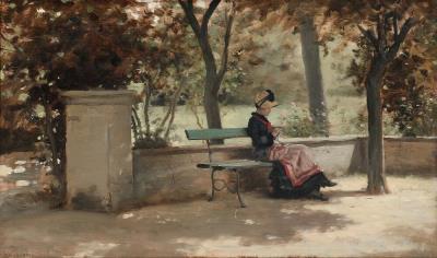 A Young Woman Sitting in the Shade on a Park Bench