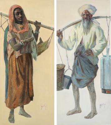 Two compositions in the shape of an Indian tea man and a woman with child over her shoulders