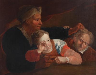 An elderly woman with two children