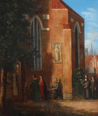 Churchgoers in 16th century costumes