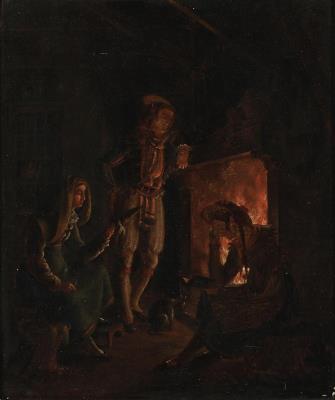 An evening interior with three people in conversation by a fire