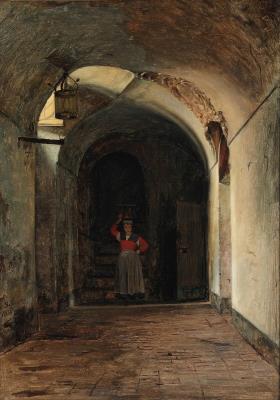 Cloister Corridor in Subiaco, with a Woman Fetching Water