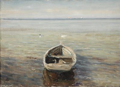 View from a beach with a rowing boat and ducks