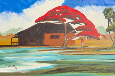 Figure Hanging Laundry in the Lee of a Royal Poinciana Tree with House in the Background