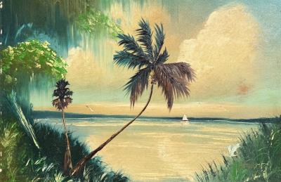Florida Highwaymen Scene with Palms, Sailboat, and Water Birds