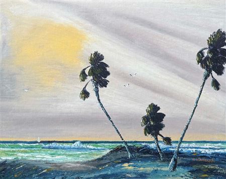 Florida Highwaymen Beach Scene with Palms and Sailboat