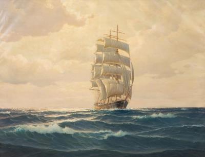 Full-rigged ship with fore wind by Martin Franz Glusing - Auction record, sale price, and art valuation. Compare with similar artists and explore comparable artworks.