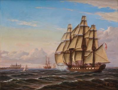 Frigate under full sail at Kronborg Castle by Thorvald Christian Benjamin Moller - Auction record, sale price, and art valuation. Compare with similar artists and explore comparable artworks.