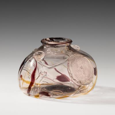 Globular vase with three mouths in blown glass with applied polychrome threads and a medallion depicting a naiad in molded glass.
