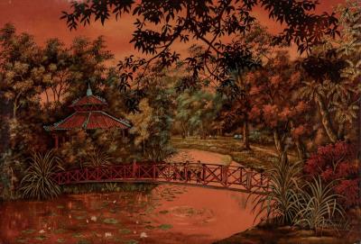 Polychrome lacquer panel decorated with a bridge crossing over a pagoda