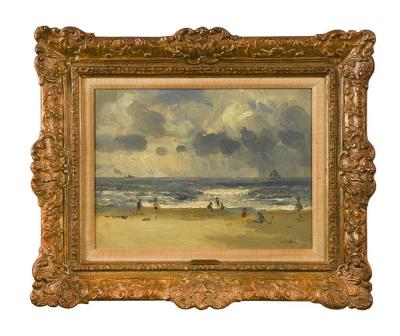 A coastal scene with figures playing on a beach beneath an atmospheric sky