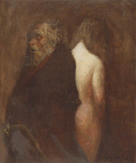 Old man and nude woman