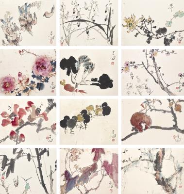 Album of twelve leaves, ink and colour on paper