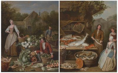Vegetable sellers with a house and landscape beyond; and A fishmonger at his stall with a patron seated at right