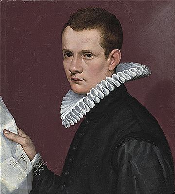 Portrait of a young man, half-length, in black with a wide ruff, holding a letter in his right hand