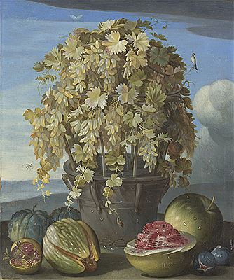 A planter with grape vines, watermelon, figs, pomegranate, and gourds with insects and a bird in a landscape