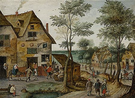 A village scene with the Flight into Egypt