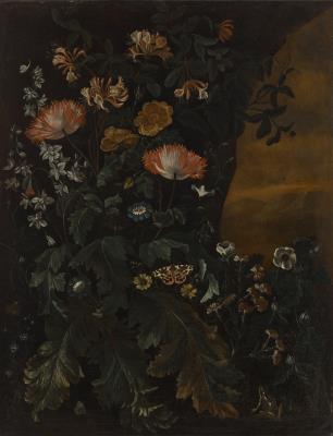 Still life of poppy anemone, honeysuckle, rose, white delphinium, aster, morning glory and other flowers before a tree, with insects and a frog, a mountainous landscape beyond