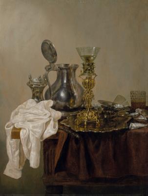 A pewter flagon, a salt cellar, a roemer with silver-gilt stem, an upturned glass roemer, oysters, and a dish on a partly draped table