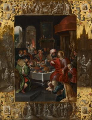 Christ in the House of Simon, with a painted frame depicting scenes from the Life of Christ and painted drawings of the four Evangelists