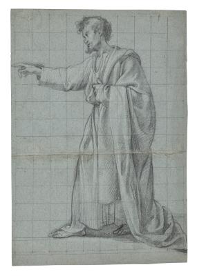 A draped male figure, facing left, his right arm outstretched