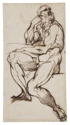 A seated bearded male nude supporting his head with his right hand