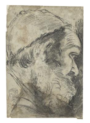 Profile of a bearded man, wearing a cap, with a study of another head in the lower left corner