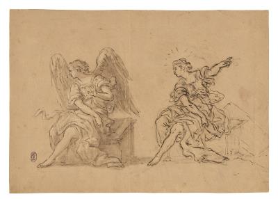 Two studies of an angel seated on an open tomb (recto); Woman and child walking by a seated man (verso)