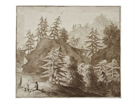 Pine trees in a hill landscape with figures seated in the foreground