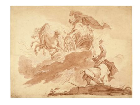 Elijah ascends to heaven in a chariot of fire and drops his cloak to Elisha