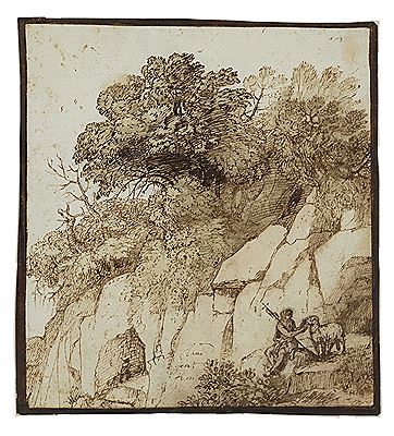 Rocky landscape with Saint John the Baptist seated by a cliff (recto); A house surrounded by a wall on the banks of a river (verso)