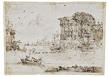 A coastal scene with an antique temple