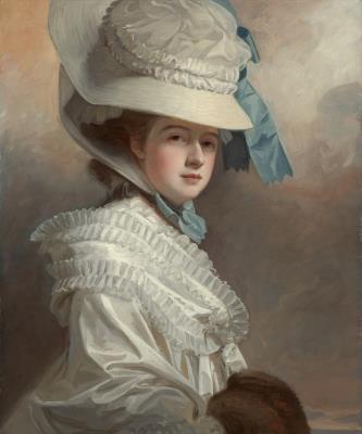 Portrait of Elizabeth, Lady Bentinck, née Cumberland (1760-1837), half-length, in a white dress and hat with a blue ribbon