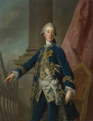 Portrait of Jean-Frédéric de la Tour-du-Pin Gouvernet, Comte de Paulin (1727-1794), three-quarter length, in a blue velvet gold-embroidered suit, with a red curtain and a column