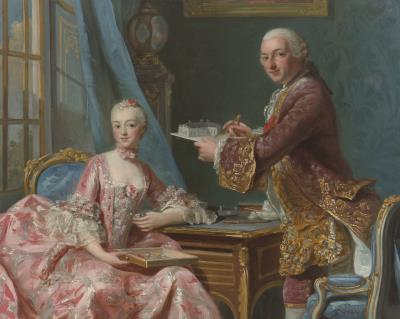 Portrait of the architect Jean-Rodolphe Perronet and his wife, seated at a table with architectural models, a sketch