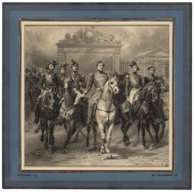 King Louis-Philippe on horseback, with his sons, before the gate of the Château de Versailles, after Horace Vernet by Edouard-Henri Girardet - Auction record, sale price, and art valuation. Compare with similar artists and explore comparable artworks.