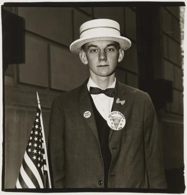 Boy with a straw hat waiting to march in a pro-war parade, NYC, 1967 by Diane Arbus - Auction record, sale price, and art valuation. Compare with similar artists and explore comparable artworks.