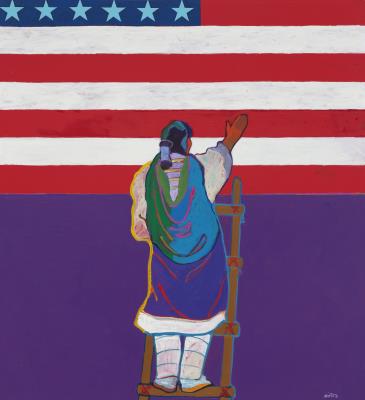 Pueblo Indian Woman (Adobe Plasterer) with American Flag