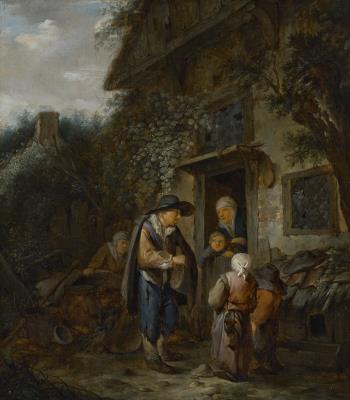 A Cottage Exterior with Villagers Gathering at a Doorway